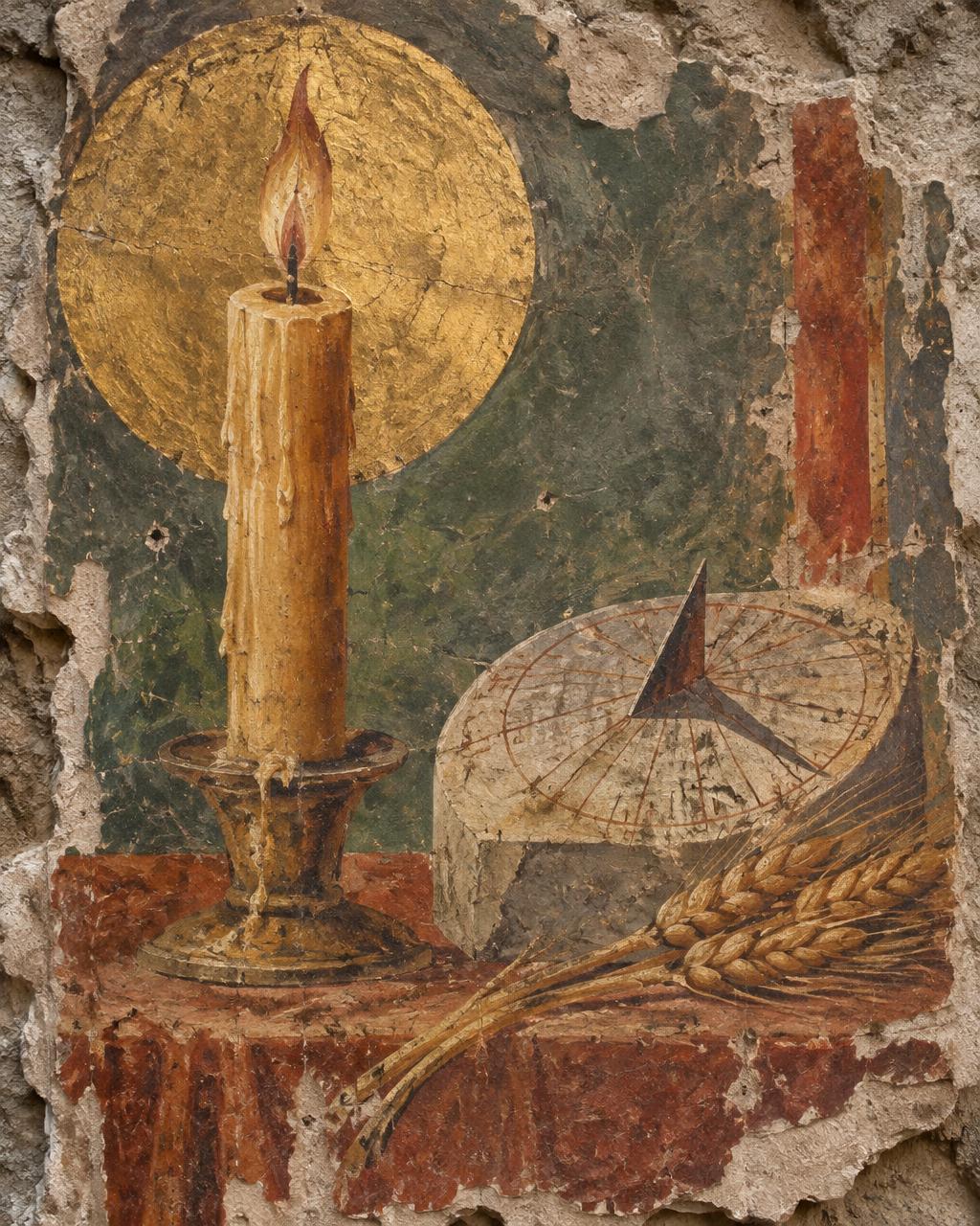 Fresco of a burning candle beside a sundial and wheat